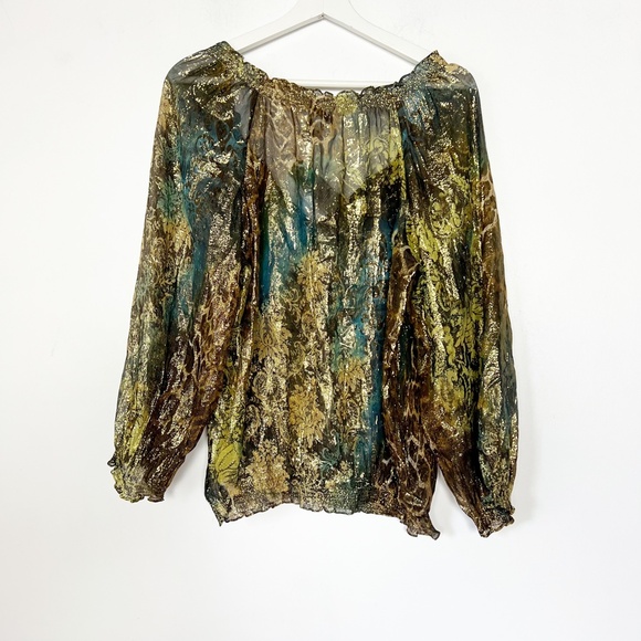 Cache Top Blouse Shirt L Large Sheer Gold Blue Brown Print Metallic Silk Vintage - Picture 2 of 6